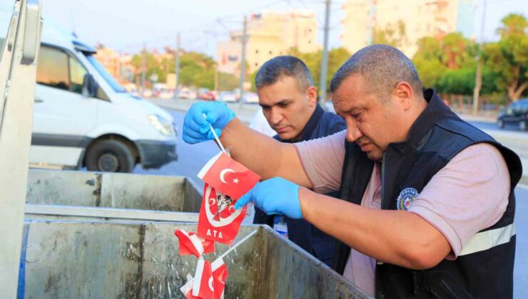 Okul önünde çöpe atılan bayraklar polisi alarma geçirdi