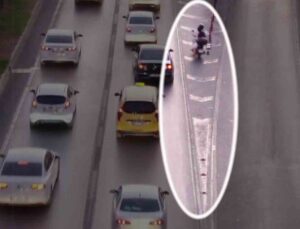 Motosikletlilerin trafikteki kural ihlalleri dron kamerasında