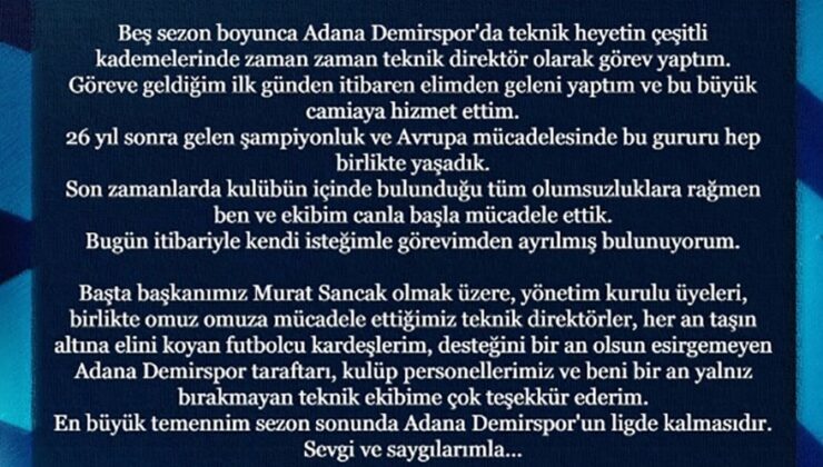 Adana Demirspor’da Serkan Damla dönemi sona erdi