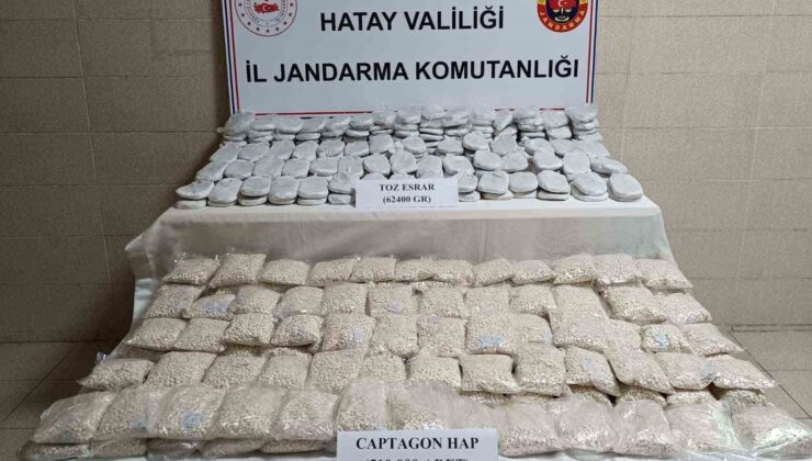 Hatay’da 87 kilo 990 gram captagon hap ve 62 kilo 400 gram toz esrar ele geçirildi