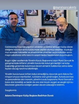 Adana Demirspor’da Başkan Durak’ın istifası kabul edilmedi