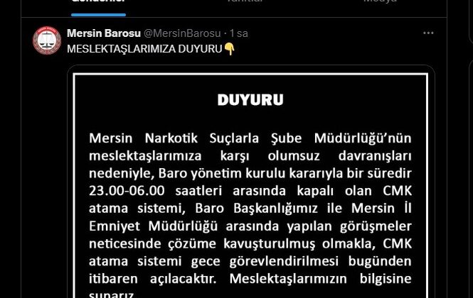 Mersin Barosu, CMK atama sistemini yeniden açtığını duyurdu